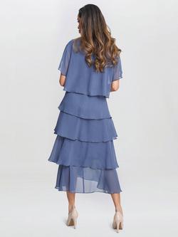 Gina Bacconi Fleur V Neck With Bugle Beads Tier Midi Dress, Wedgewood - view 2, Wedgewood