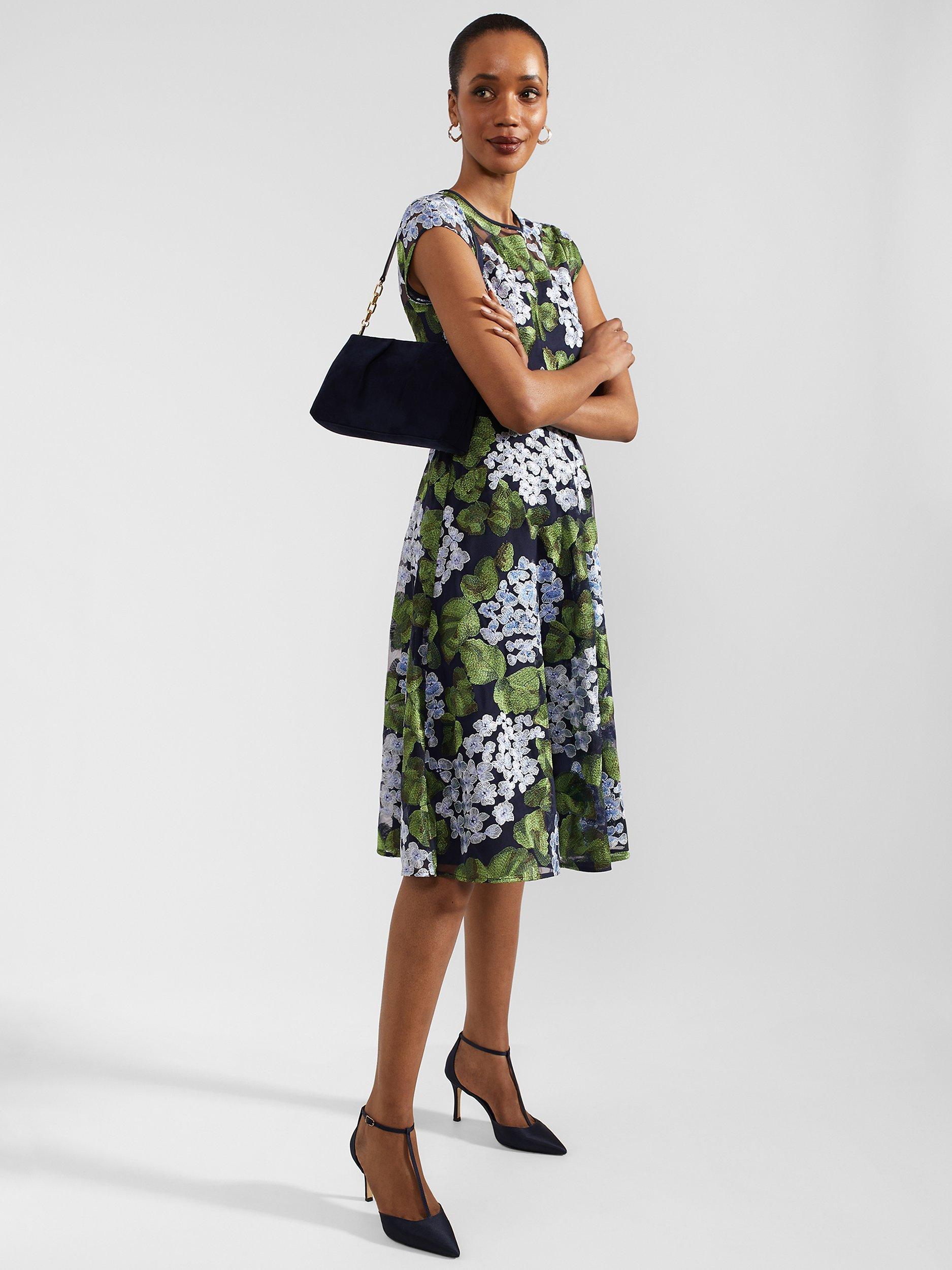 Product image 3 of 6, which shows Hobbs Tia Floral Embroidery Dress, Navy/Multi, 10