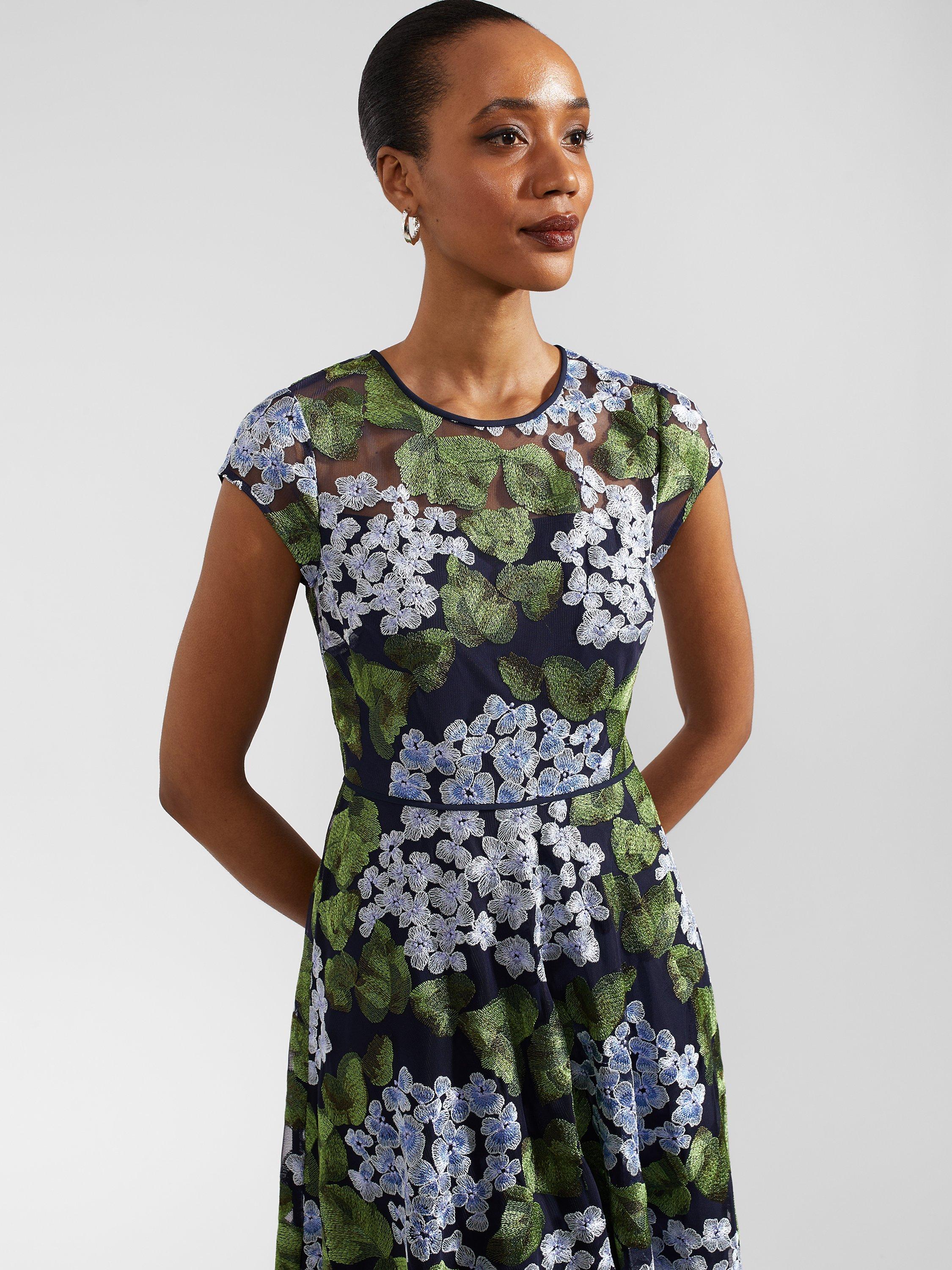 Product image 4 of 6, which shows Hobbs Tia Floral Embroidery Dress, Navy/Multi, 10