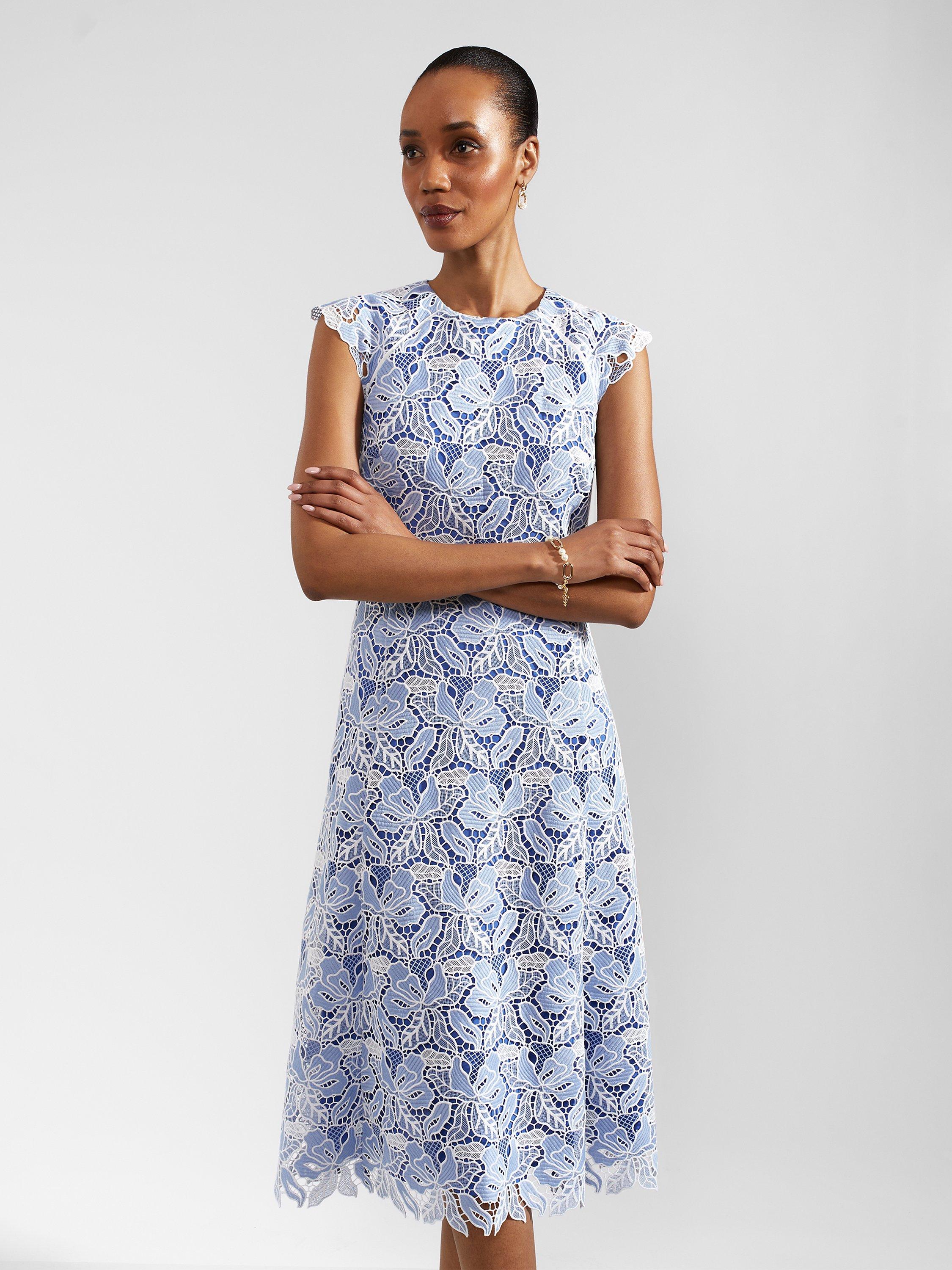 Product image 5 of 9, which shows Hobbs Petite Phoebe Cutwork Floral Lace Midi Dress, Blue/Ivory, 10