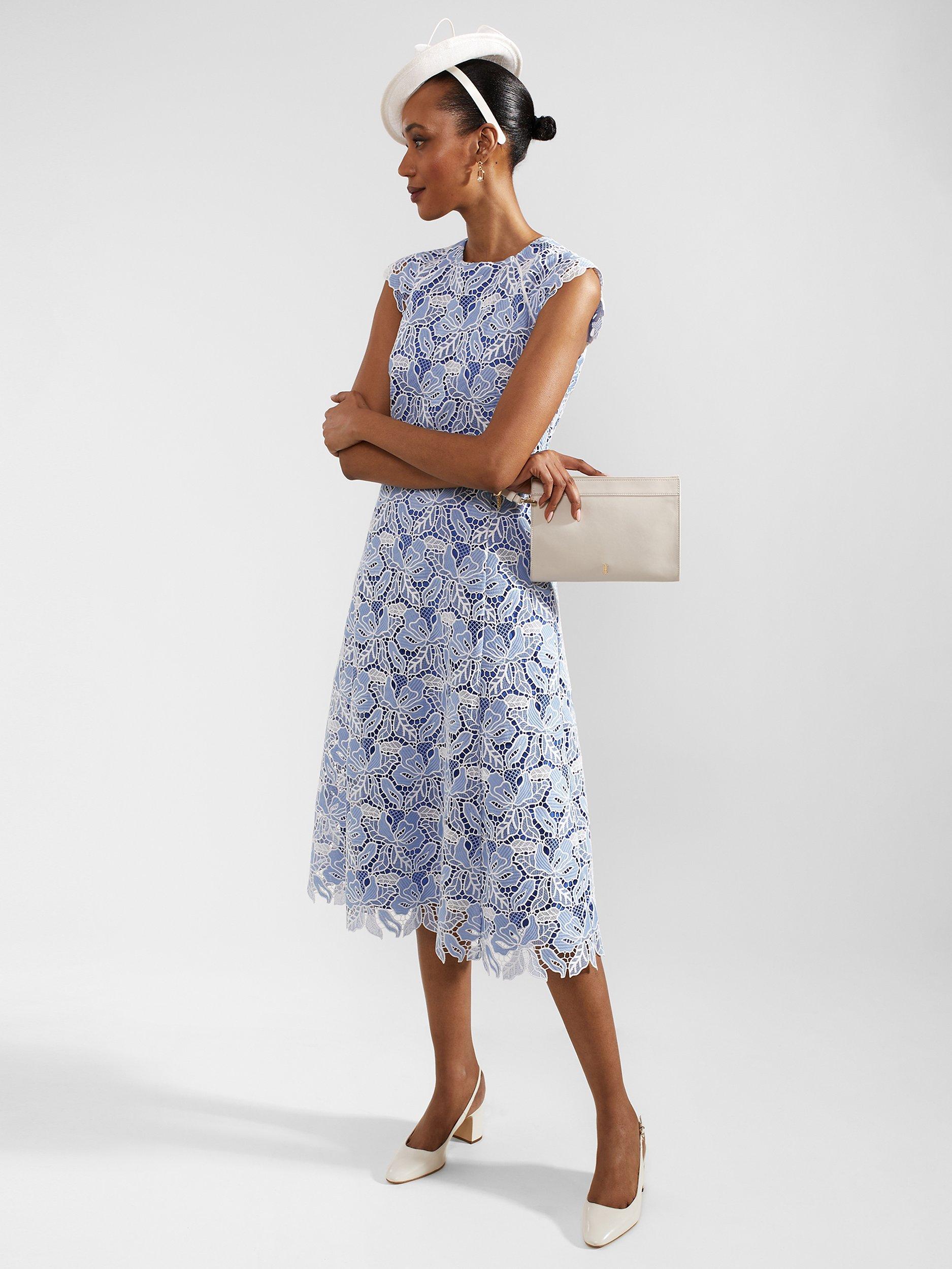 Product image 8 of 9, which shows Hobbs Petite Phoebe Cutwork Floral Lace Midi Dress, Blue/Ivory, 10
