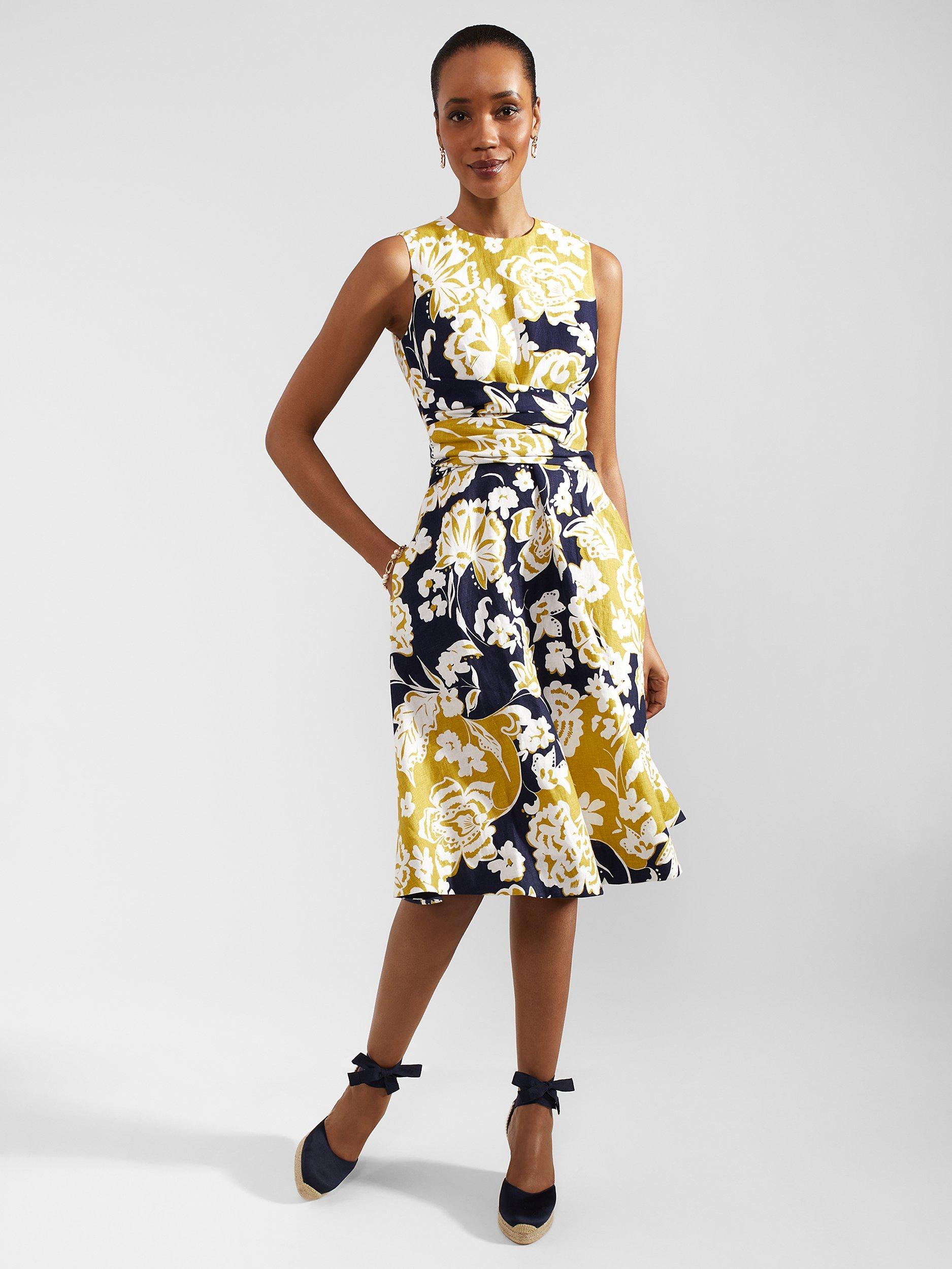 Hobbs Petite Twitchill Floral Linen Dress, Yellow/Multi