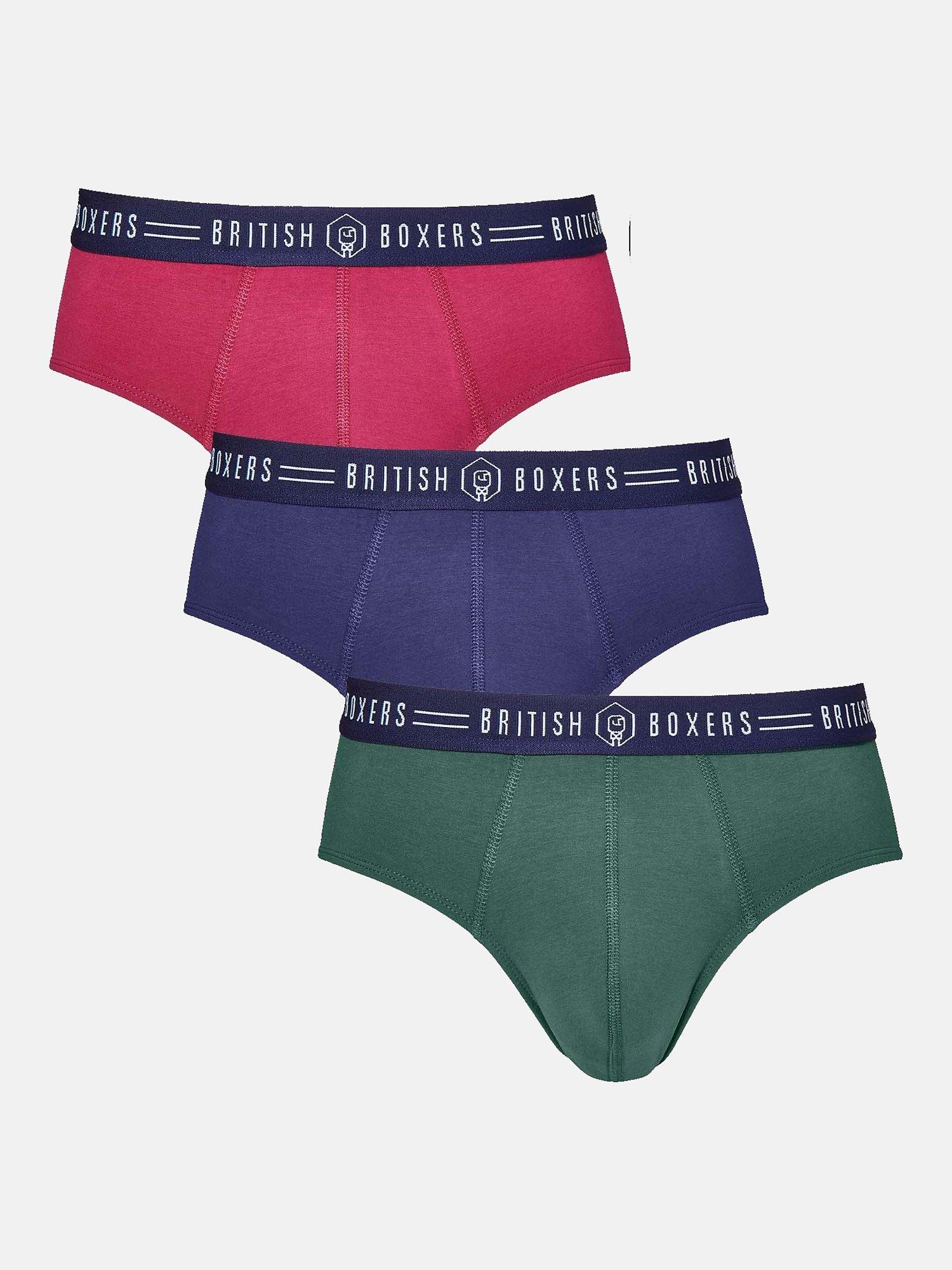 Product image 1 of 4, which shows British Boxers Cotton Briefs, Pack of 3, Rio Red/Navy/Evergreen, S
