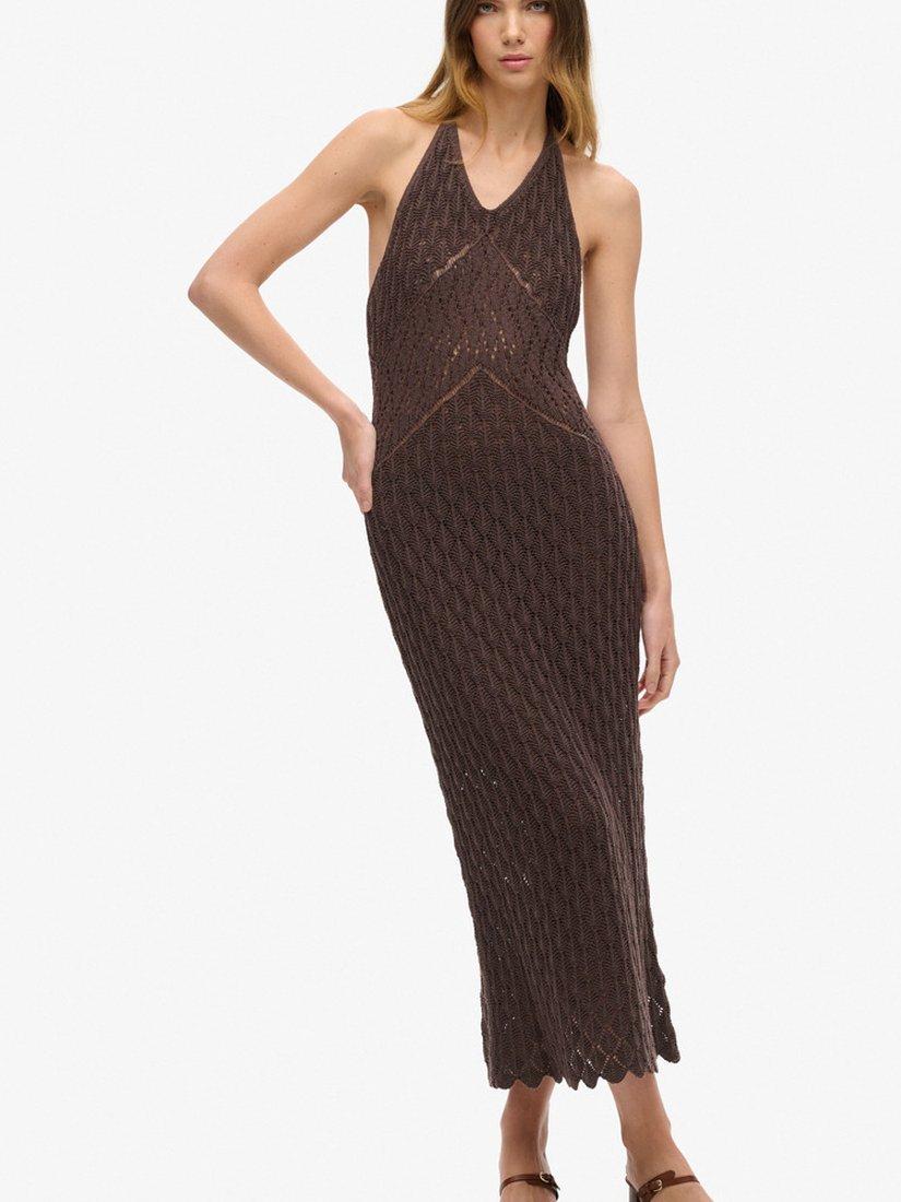Product image 1 of 1, which shows Superdry Crochet Halterneck Maxi Dress, Dark Oak Brown, 6