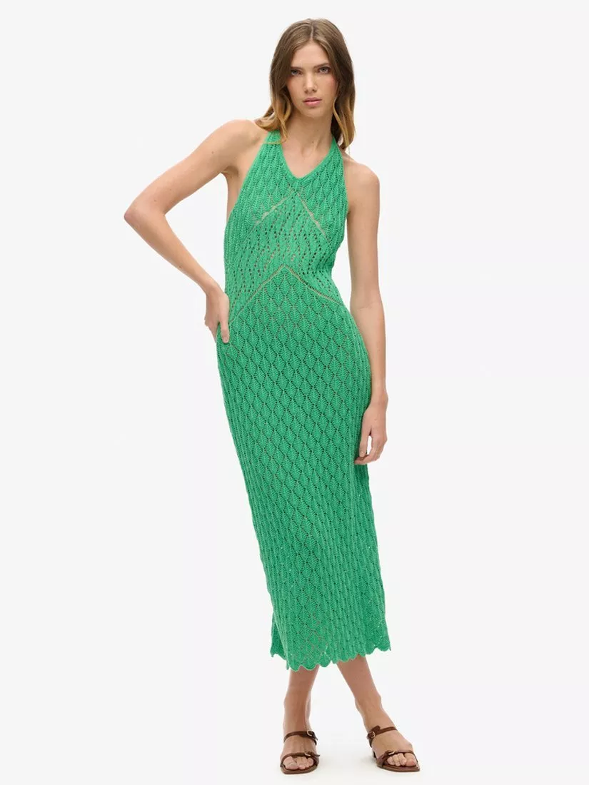 Superdry Crochet Halterneck Maxi Dress, Kelly Green