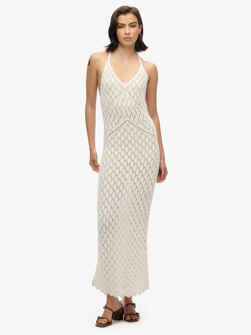 Product image 1 of 4, which shows Superdry Crochet Halterneck Maxi Dress, Off White, 6