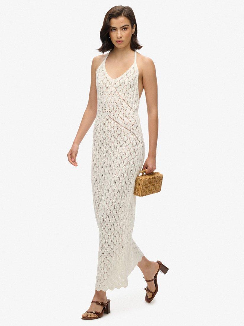 Product image 3 of 4, which shows Superdry Crochet Halterneck Maxi Dress, Off White, 6