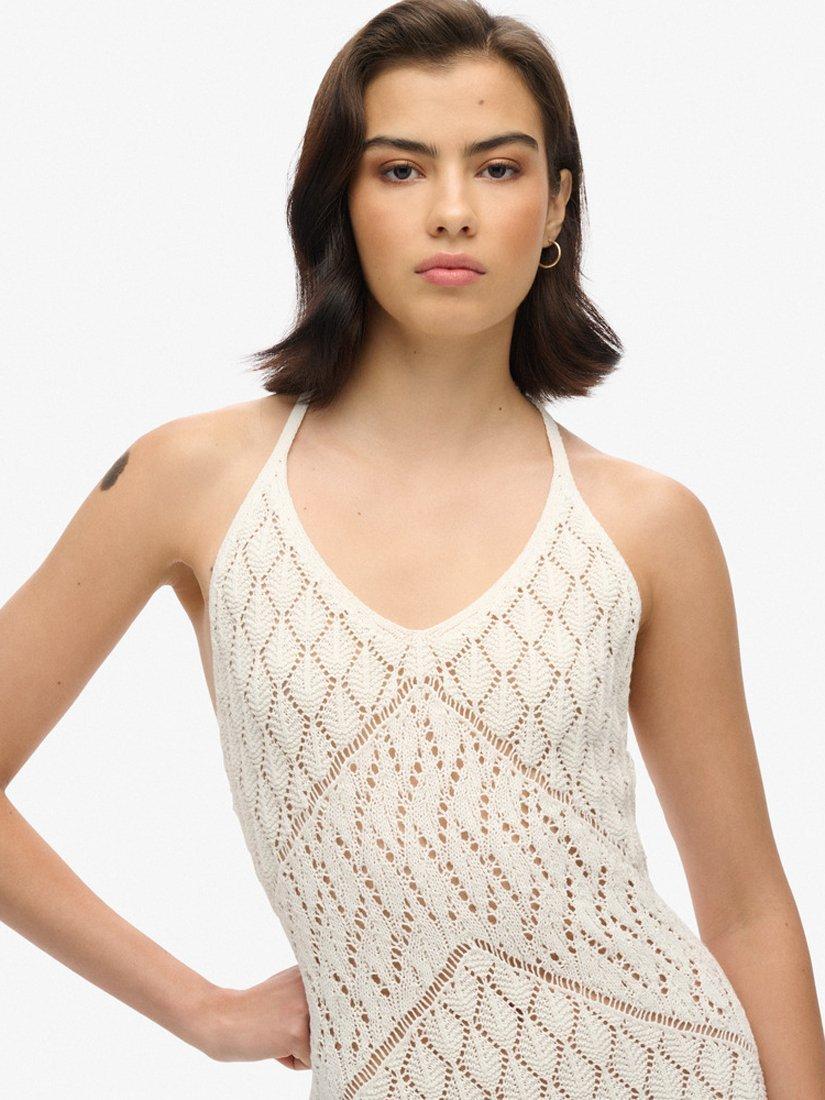 Product image 4 of 4, which shows Superdry Crochet Halterneck Maxi Dress, Off White, 6
