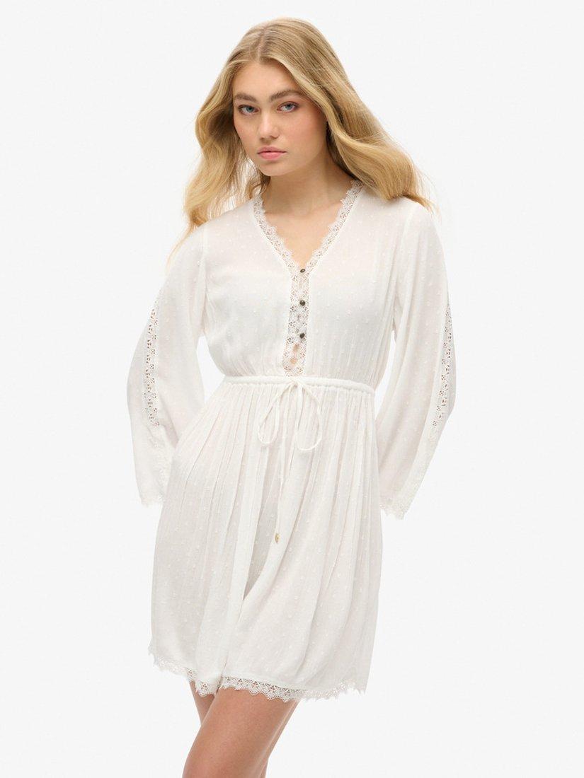 Product image 1 of 7, which shows Superdry Ibiza V-Neck Lace Trim Mini Dress, Off White, 6