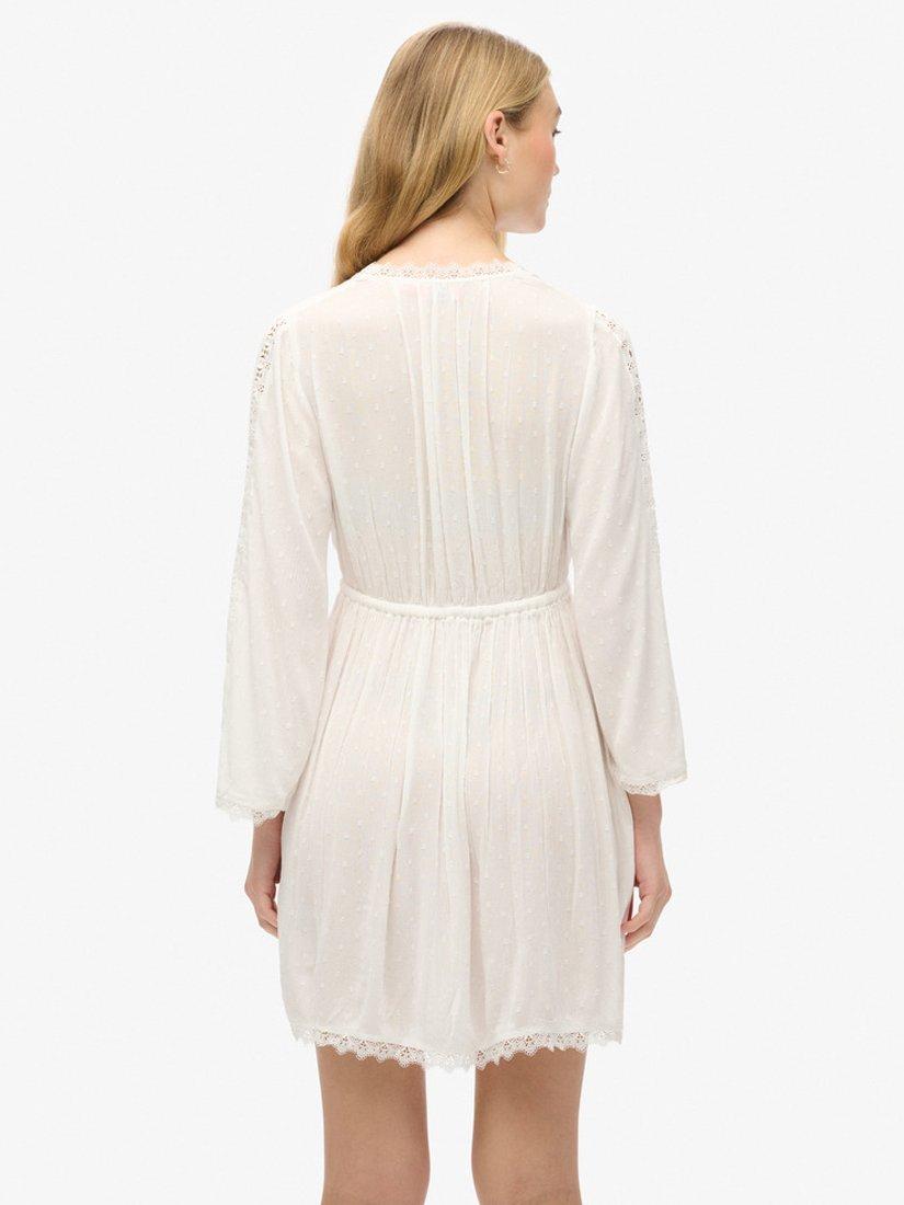 Product image 6 of 7, which shows Superdry Ibiza V-Neck Lace Trim Mini Dress, Off White, 6