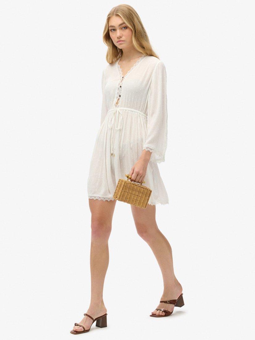 Product image 3 of 7, which shows Superdry Ibiza V-Neck Lace Trim Mini Dress, Off White, 6