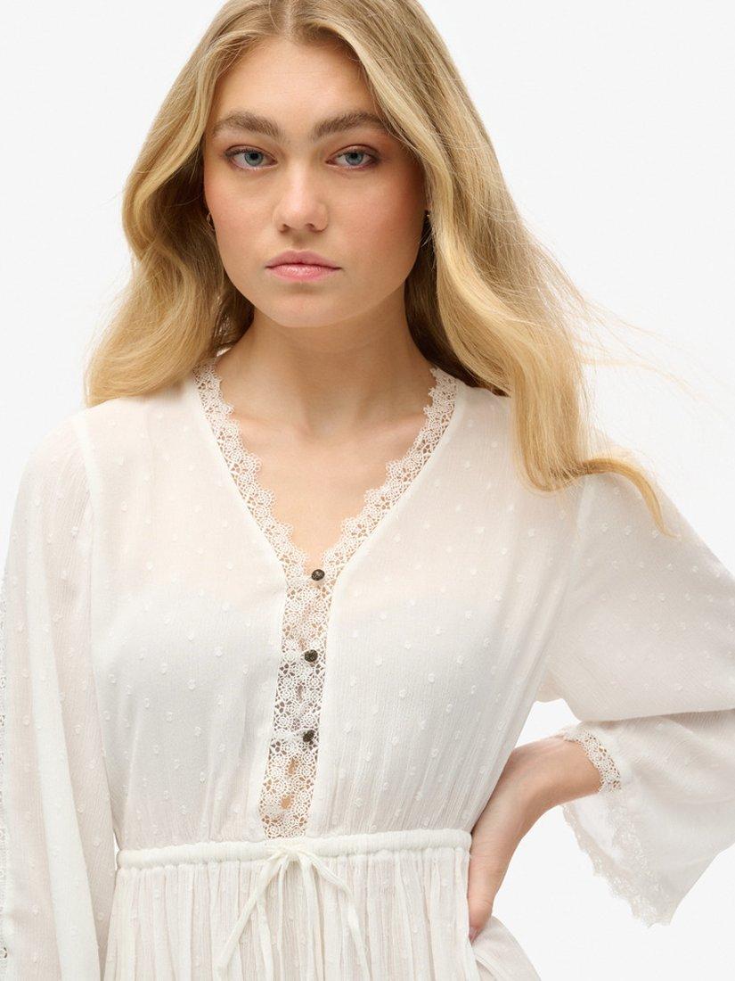 Product image 2 of 7, which shows Superdry Ibiza V-Neck Lace Trim Mini Dress, Off White, 6