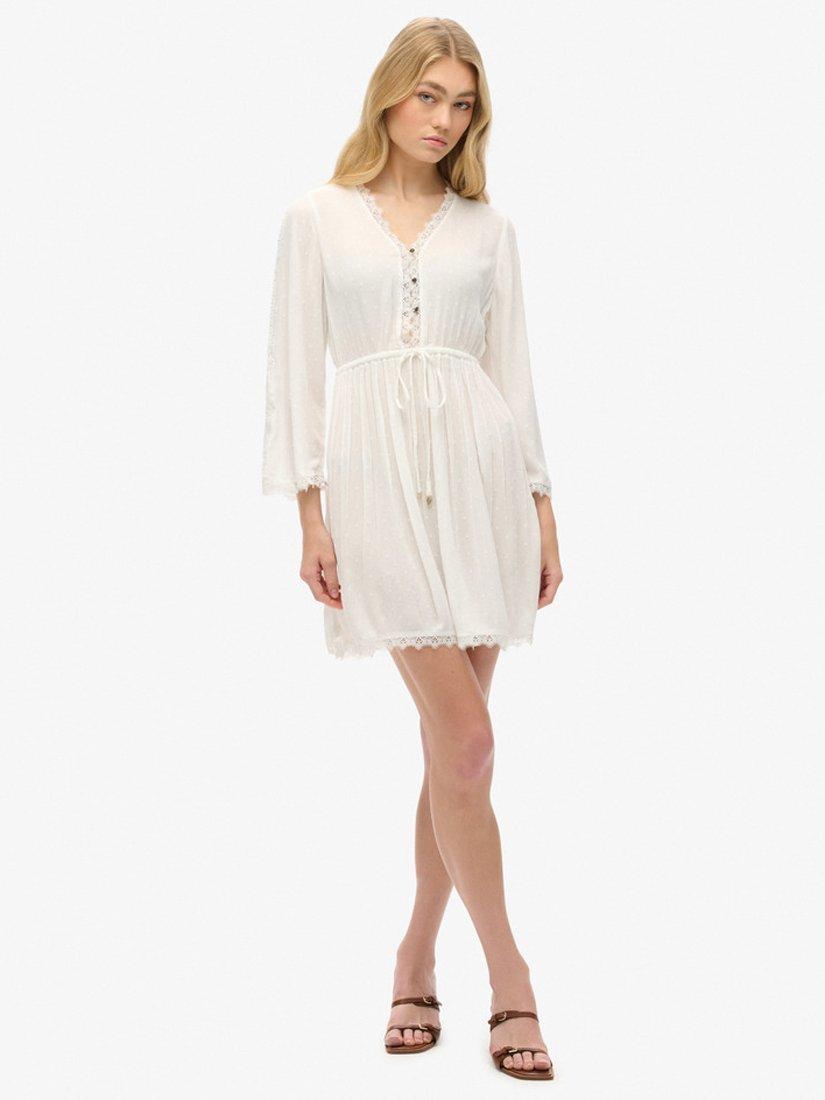 Product image 7 of 7, which shows Superdry Ibiza V-Neck Lace Trim Mini Dress, Off White, 6