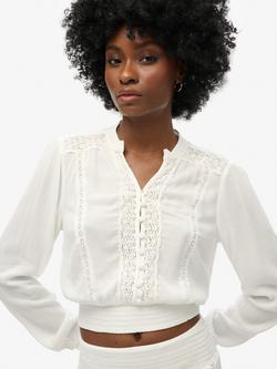 Superdry Lace Trim Smock Top, Ecru - view 2, Ecru