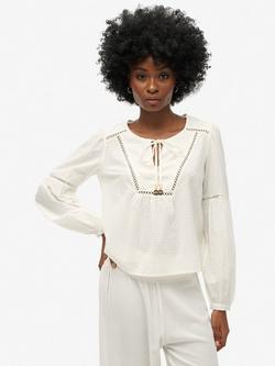 Superdry Ibiza Cotton Dobby Tie-Neck Top, Off White, Off White