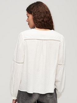 Superdry Ibiza Cotton Dobby Tie-Neck Top, Off White - view 2, Off White