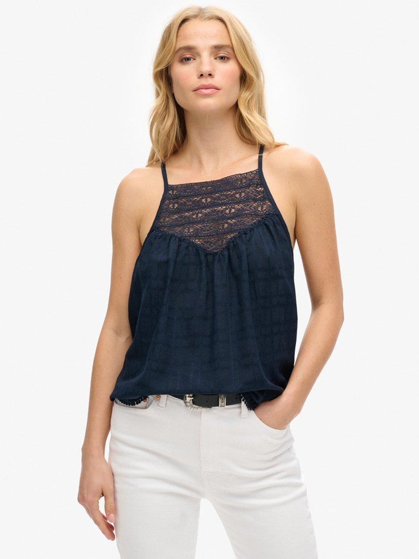 Product image 1 of 5, which shows Superdry Lace Cami Beach Top, Eclipse Navy, 6