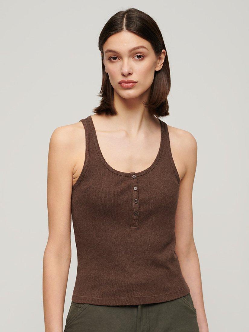 Superdry Athletic Essentials Button Down Vest Top,  Chocolate Brown