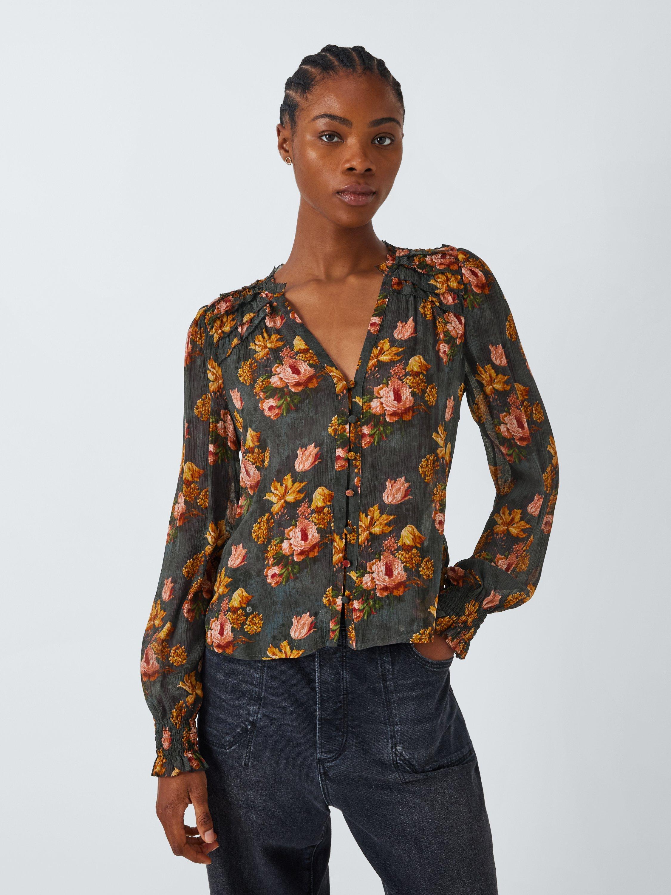 Product image 3 of 6, which shows PAIGE Georgiana Floral Silk Blouse, Navy Blue/Multi, L