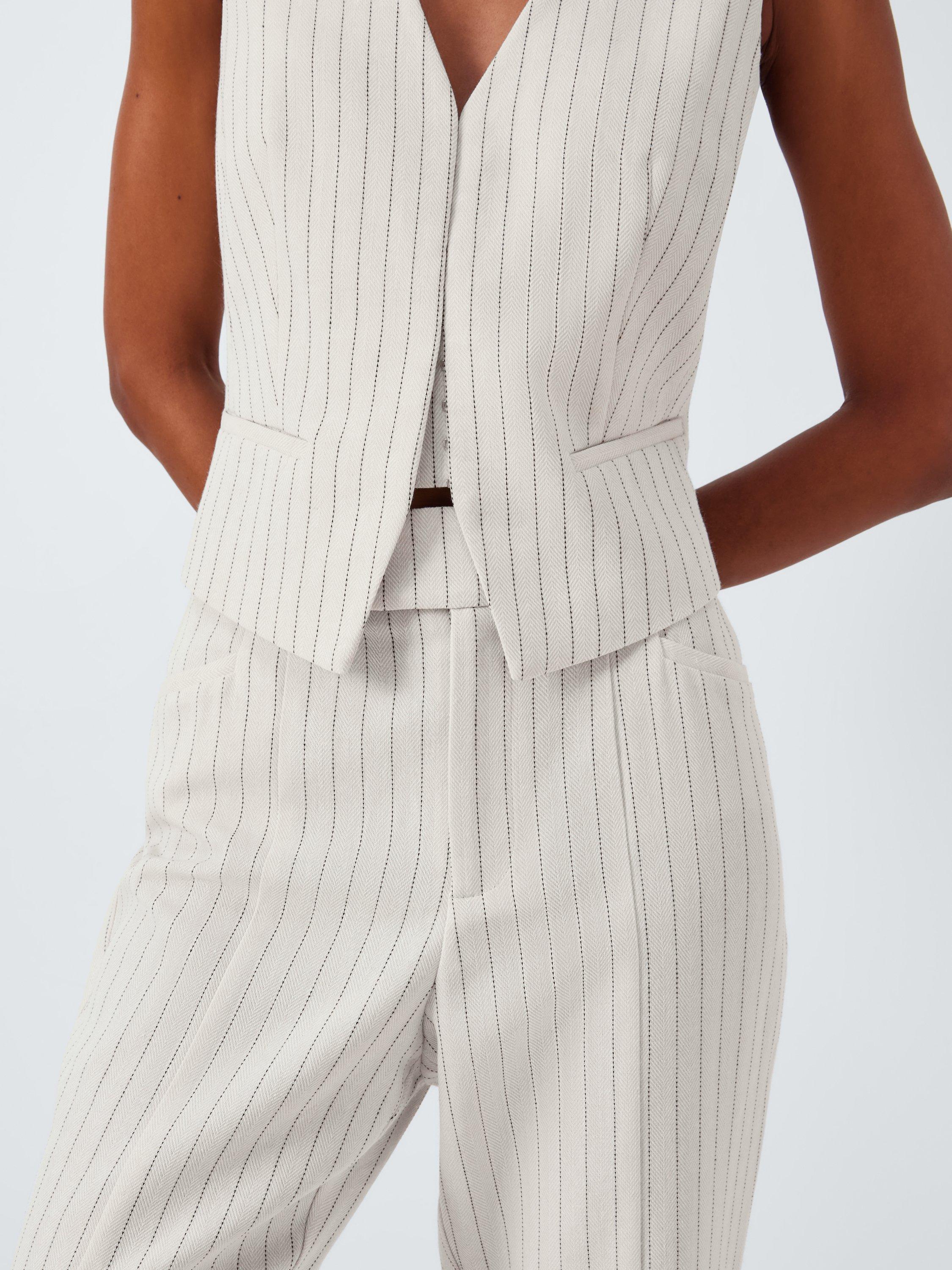 Product image 4 of 6, which shows PAIGE Hampshire Pinstripe Linen Blend Trousers, Travertine/Multi, L
