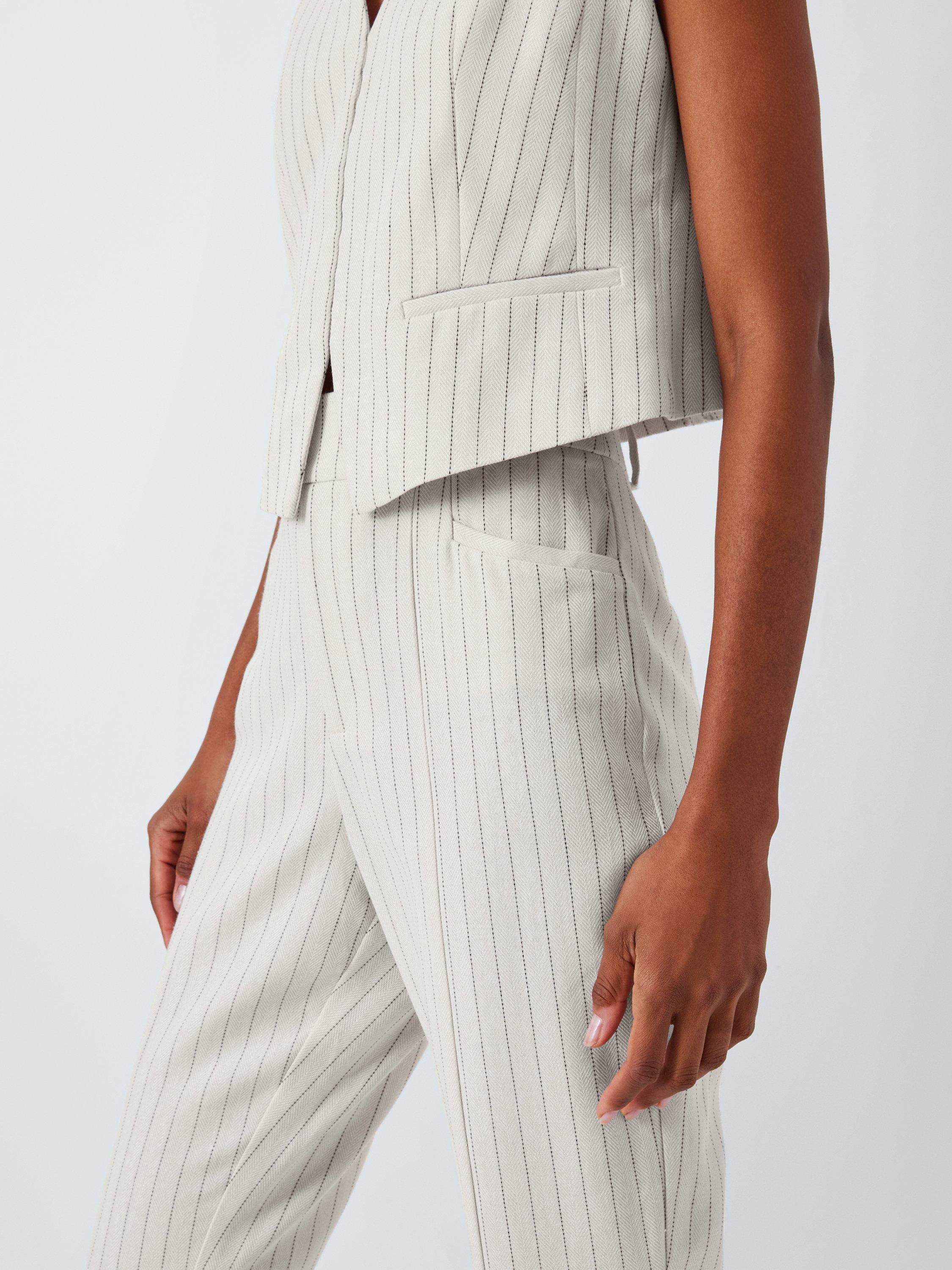 Product image 5 of 6, which shows PAIGE Hampshire Pinstripe Linen Blend Trousers, Travertine/Multi, L