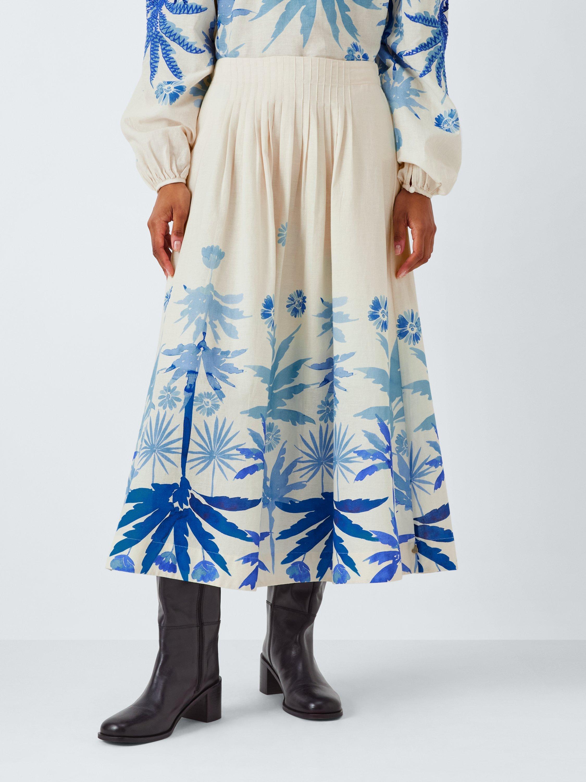 Product image 1 of 7, which shows Fabienne Chapot Loua Palm Tree Organic Cotton Blend Skirt, Warm White/Bright Blue, 34