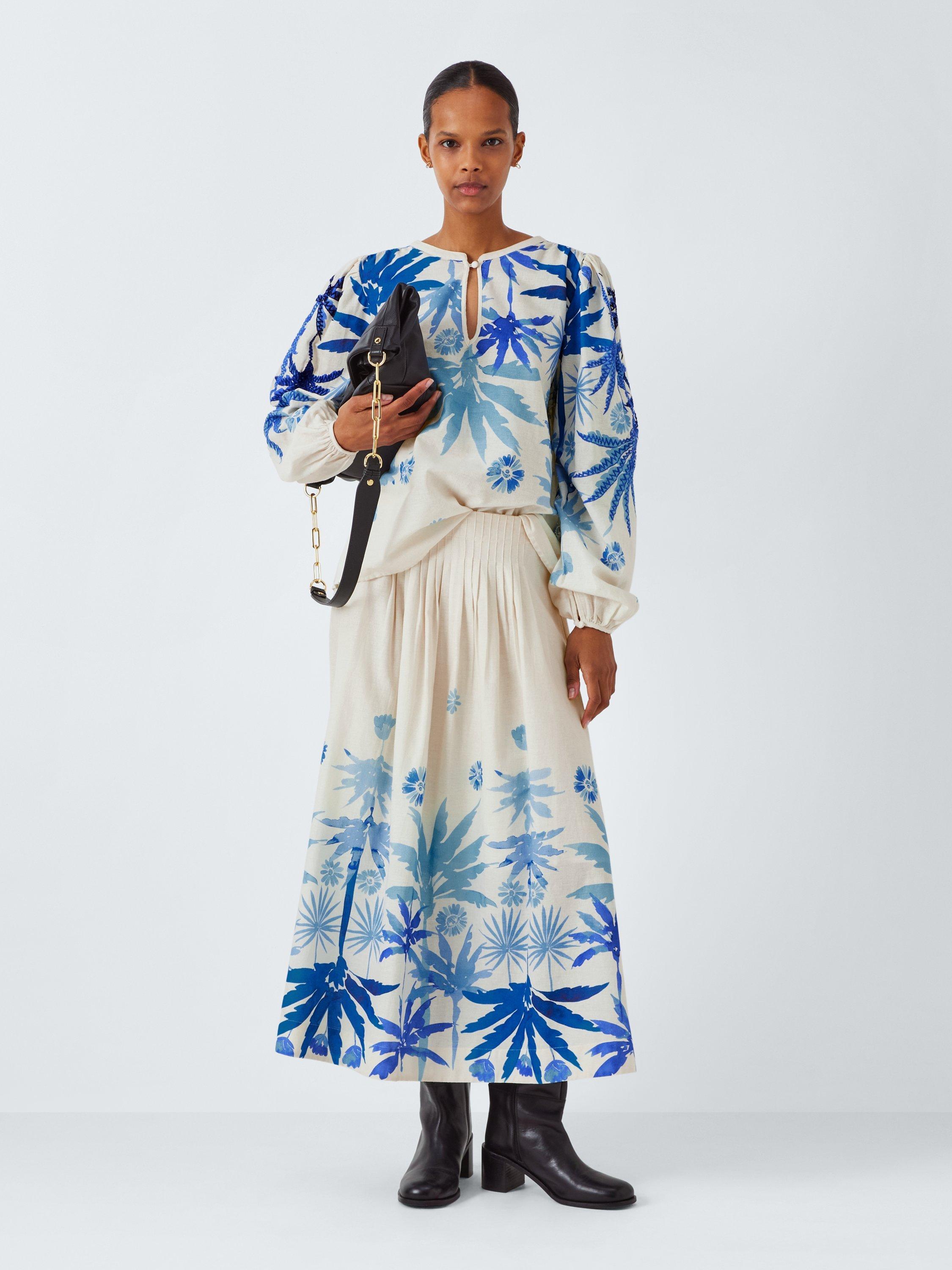 Product image 3 of 7, which shows Fabienne Chapot Loua Palm Tree Organic Cotton Blend Skirt, Warm White/Bright Blue, 34