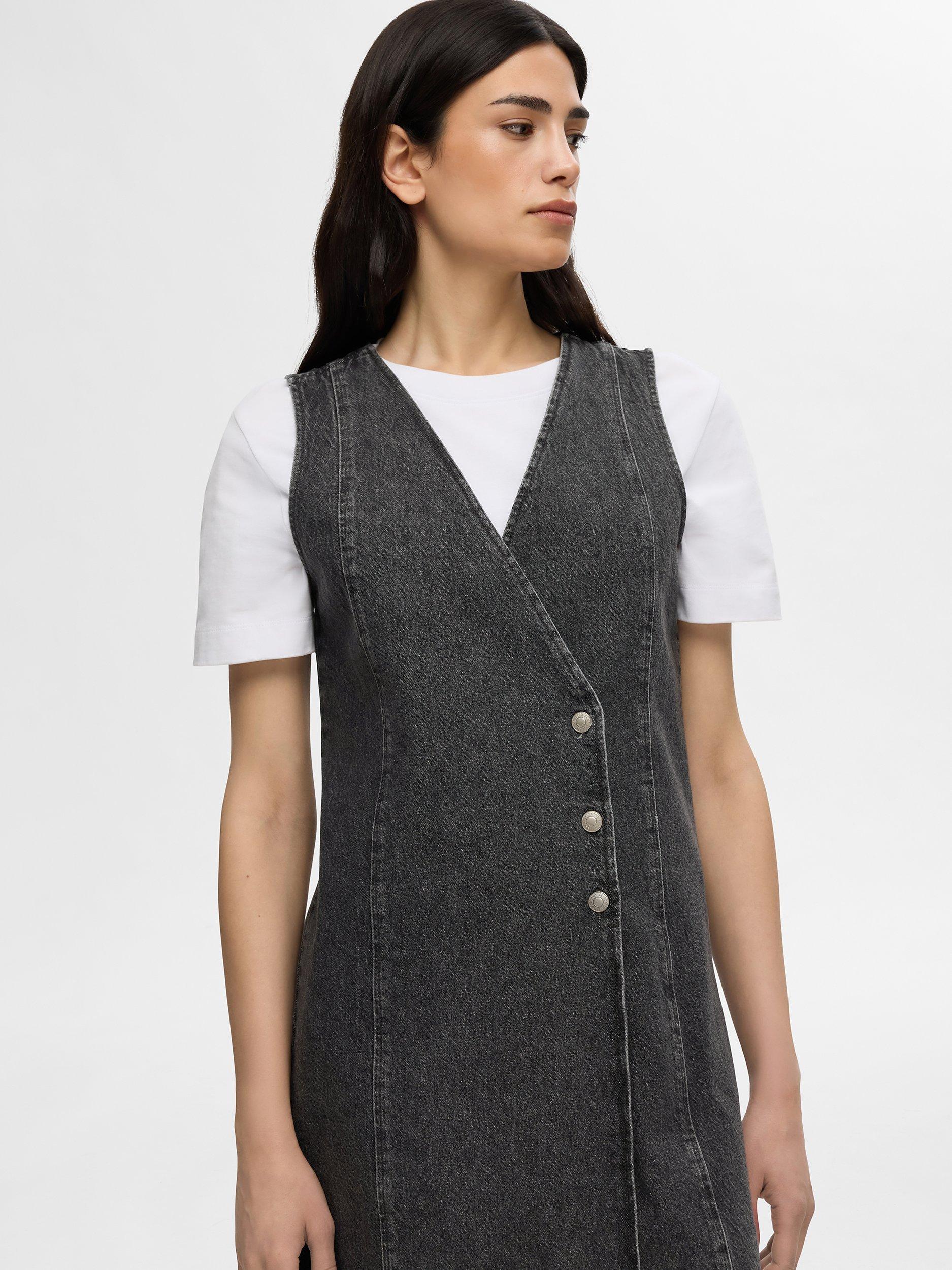 Product image 2 of 6, which shows Selected Clair Denim Pinafore Dress, Black, 38
