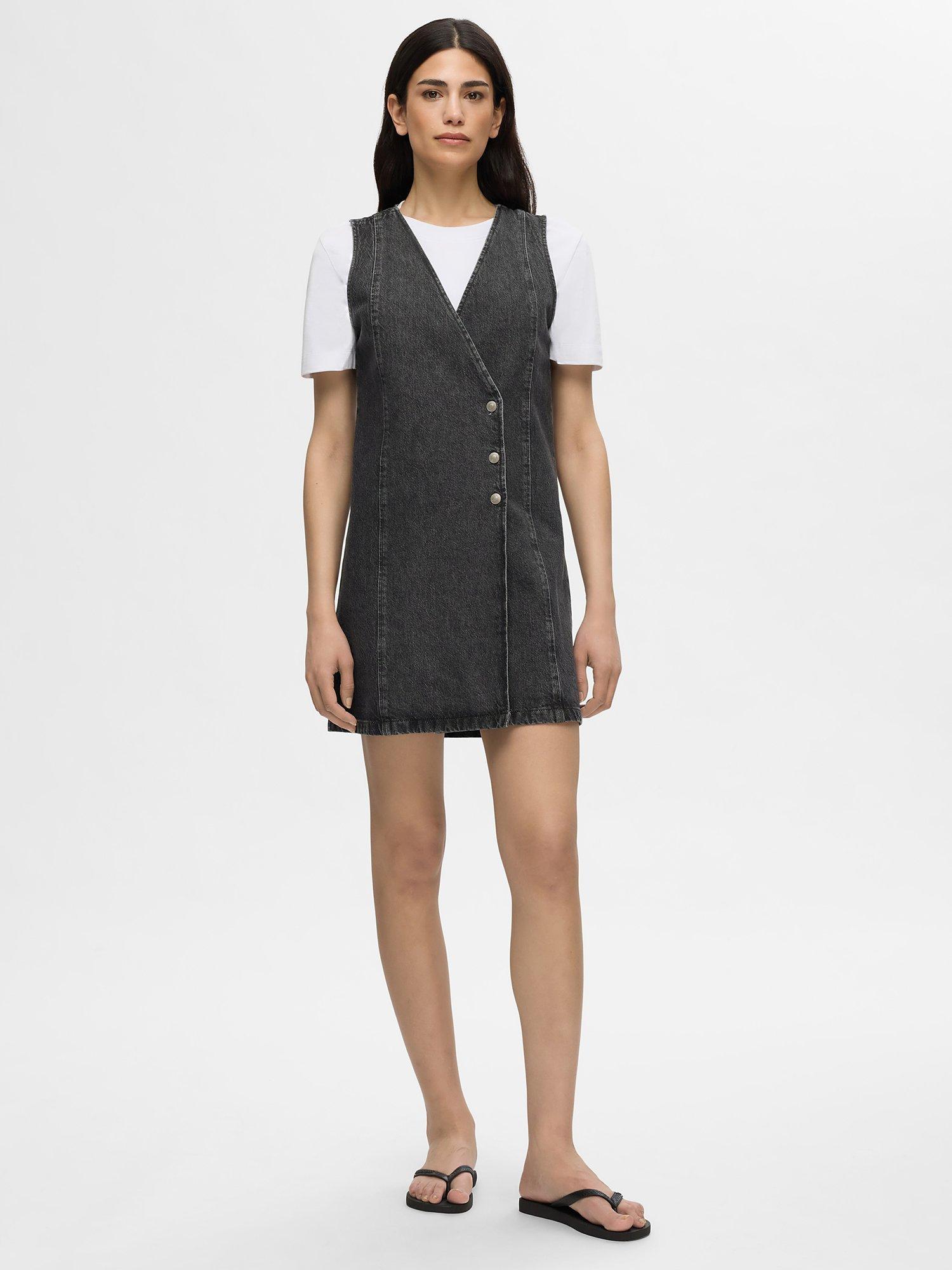 Product image 3 of 6, which shows Selected Clair Denim Pinafore Dress, Black, 38