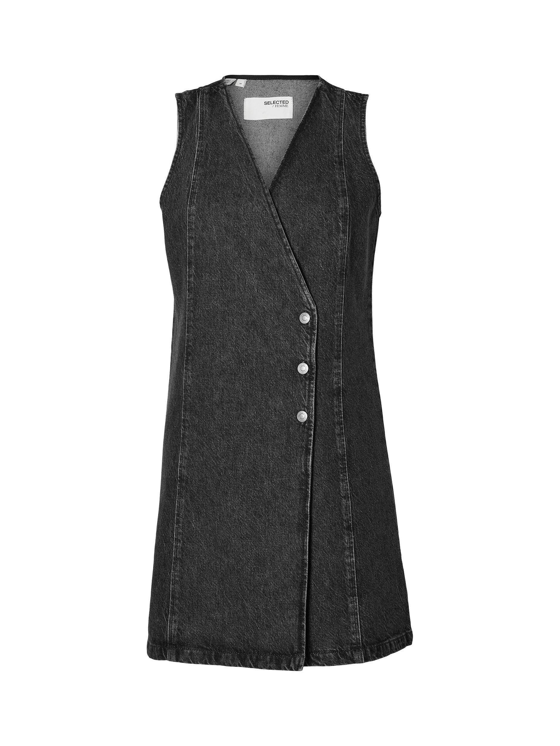 Product image 6 of 6, which shows Selected Clair Denim Pinafore Dress, Black, 38