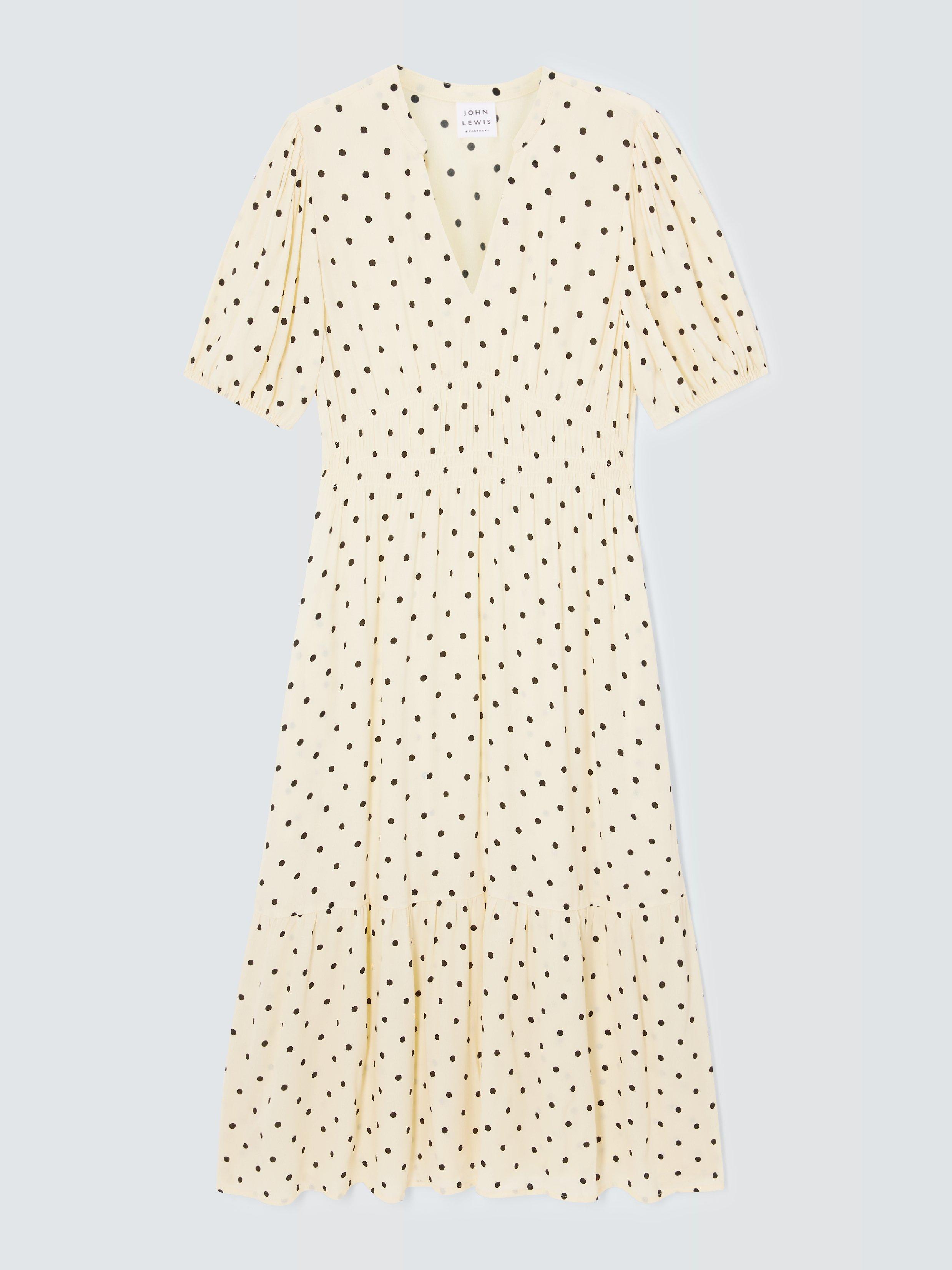 John Lewis Spot Print Shirred Dress Natural Multi