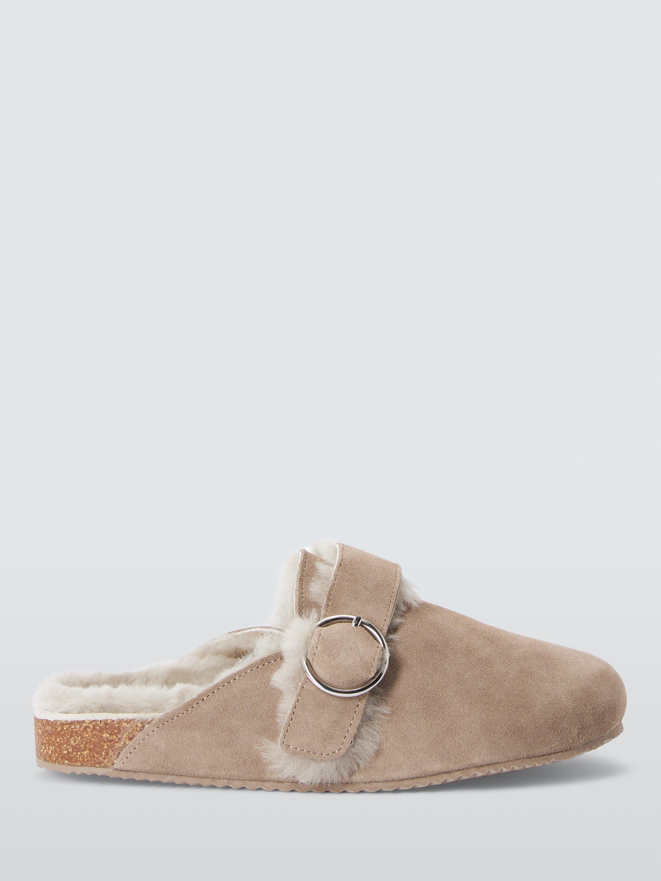 John Lewis Suede Shearling Clog Mule Slippers Stone