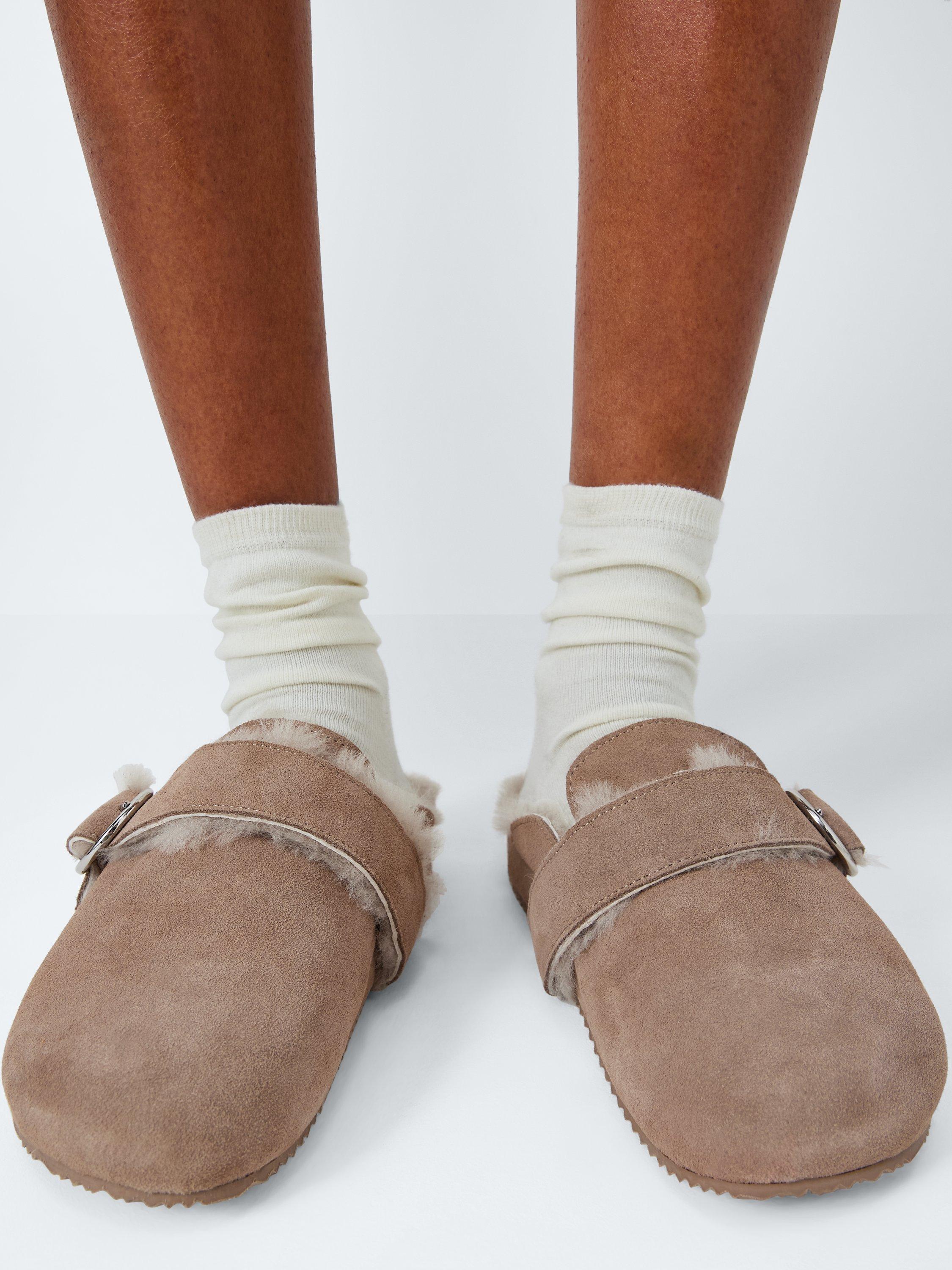 Product image 2 of 5, which shows John Lewis Suede Shearling Clog Mule Slippers, Stone, 3