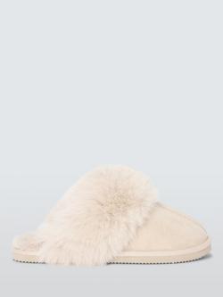 Microsuede Fluffy Faux Fur Mule Slippers, Beige