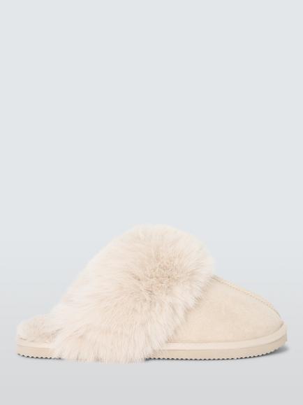 Microsuede Fluffy Faux Fur Mule Slippers, Beige