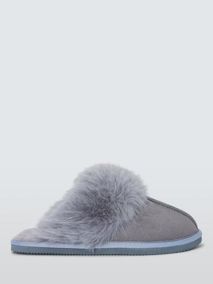 Microsuede Fluffy Faux Fur Mule Slippers, Grey