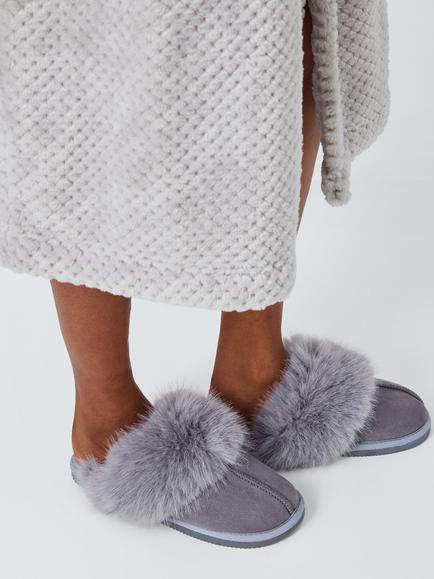 Microsuede Fluffy Faux Fur Mule Slippers - view 2, Grey