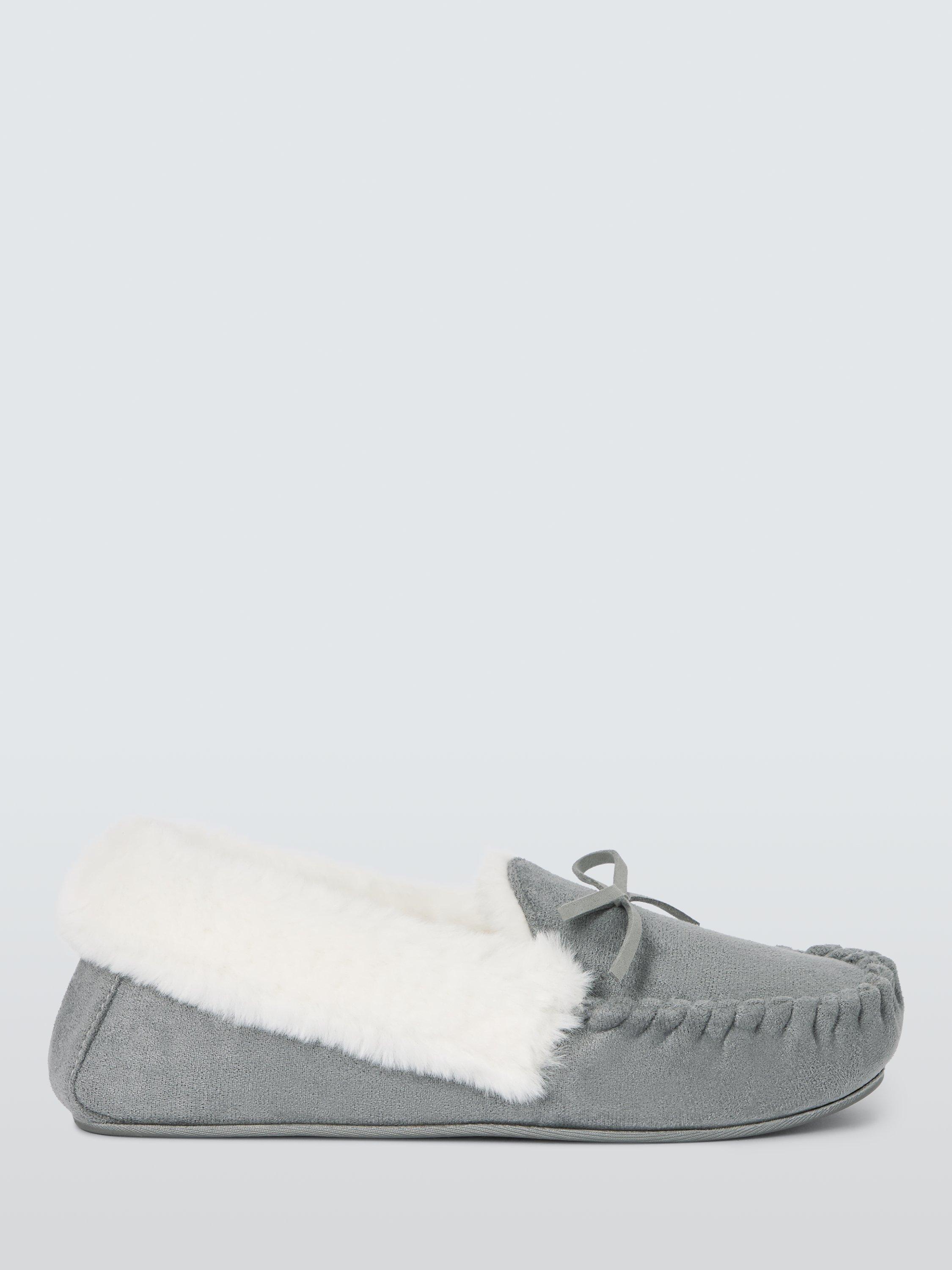Product image 1 of 6, which shows John Lewis Microsuede Faux Fur Moccasin Slippers, Grey, 3-4