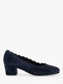 Gabor Gigi Wide Fit Suede Scallop Edge Block Heel Court Shoes, Dark Blue, Dark Blue