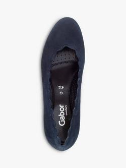 Gabor Gigi Wide Fit Suede Scallop Edge Block Heel Court Shoes, Dark Blue - view 2, Dark Blue