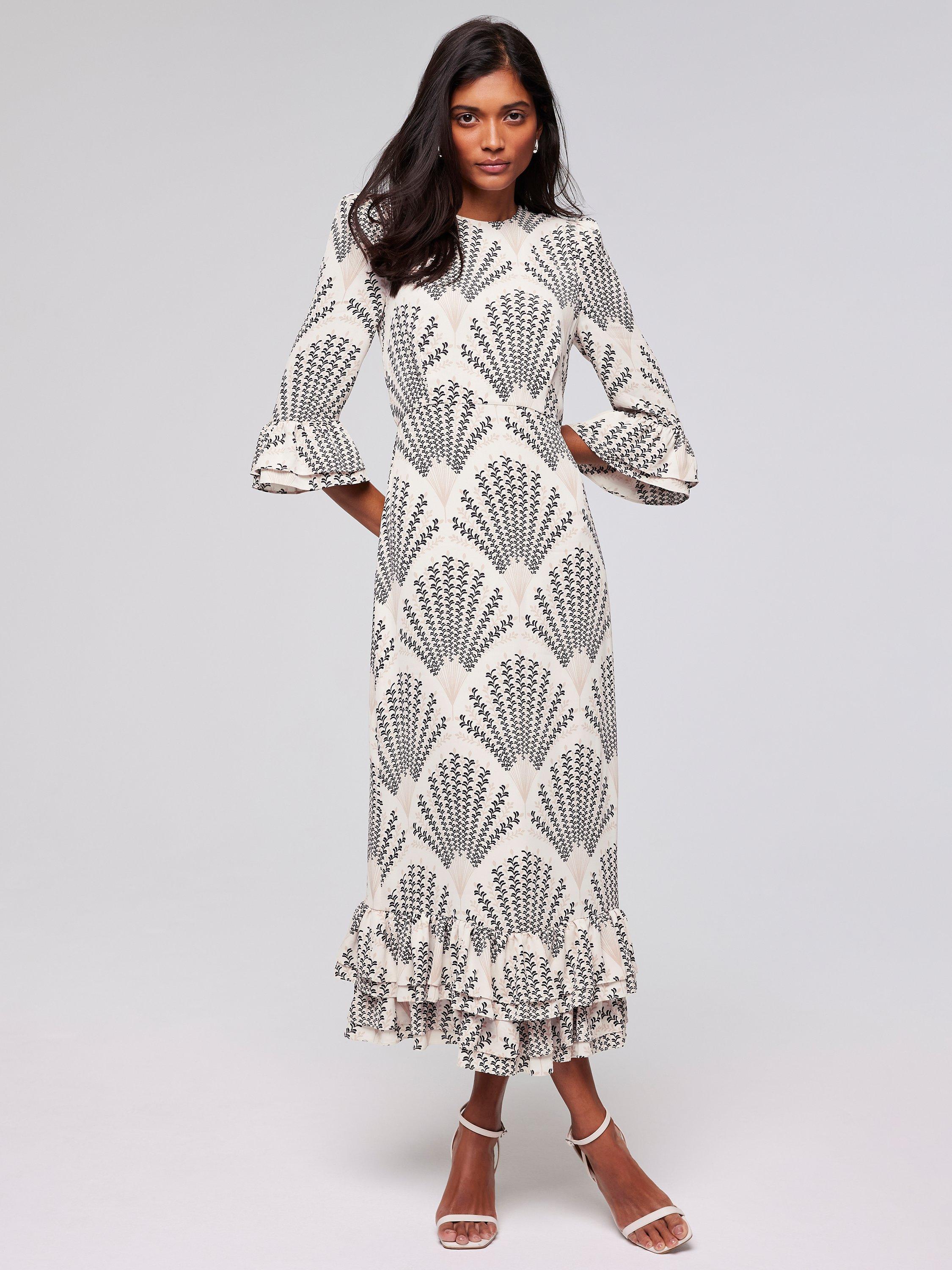 Mint Velvet Abstract Print Ruffle Midi Dress Natural Black