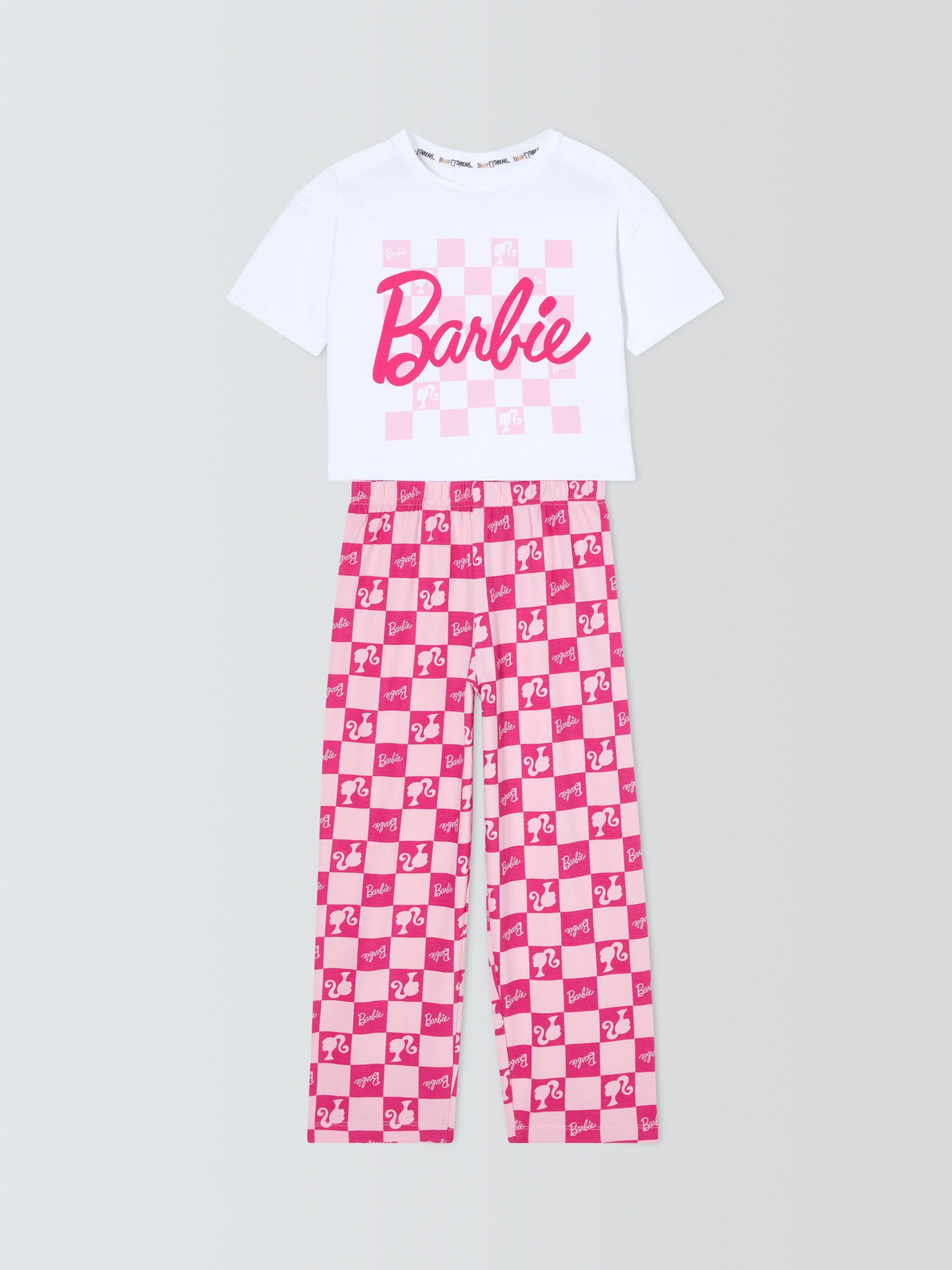 Product image 1 of 3, which shows Brand Threads Barbie Check Long Pyjama Set, Pink Mid, 4-5 years
