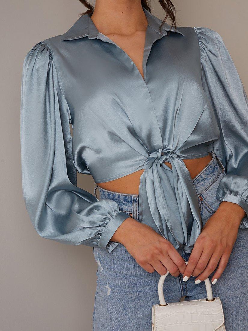 Product image 3 of 4, which shows Chi Chi London Tie Front Shirt, Blue, 6