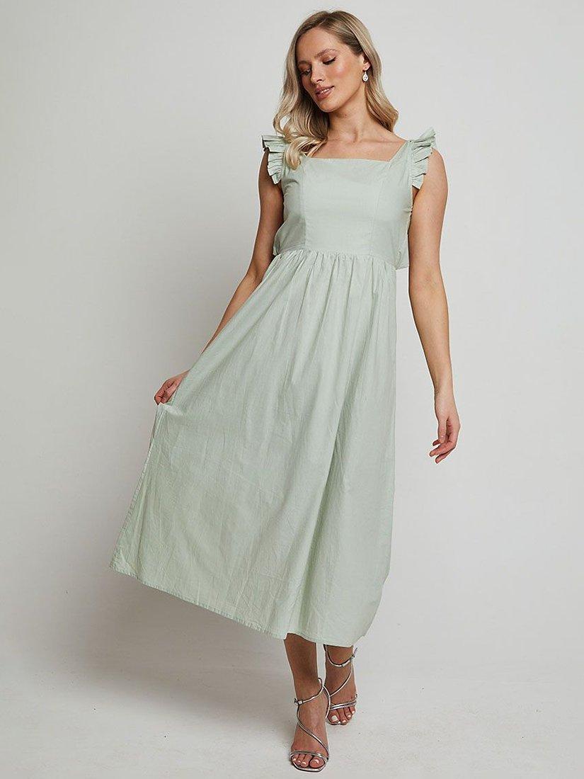 Chi Chi London Puff Sleeve Cotton Poplin Midi Dress Green