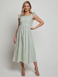 Chi Chi London Puff Sleeve Cotton Poplin Midi Dress, Green