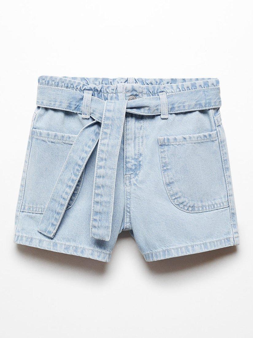 Mango Kids' Ruth Tie Waist Denim Shorts, Open Blue