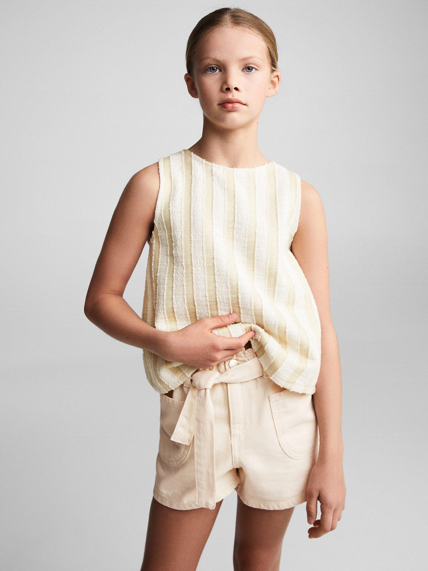 Mango Kids' Ruth Tie Waist Denim Shorts, Light Pastel Brown