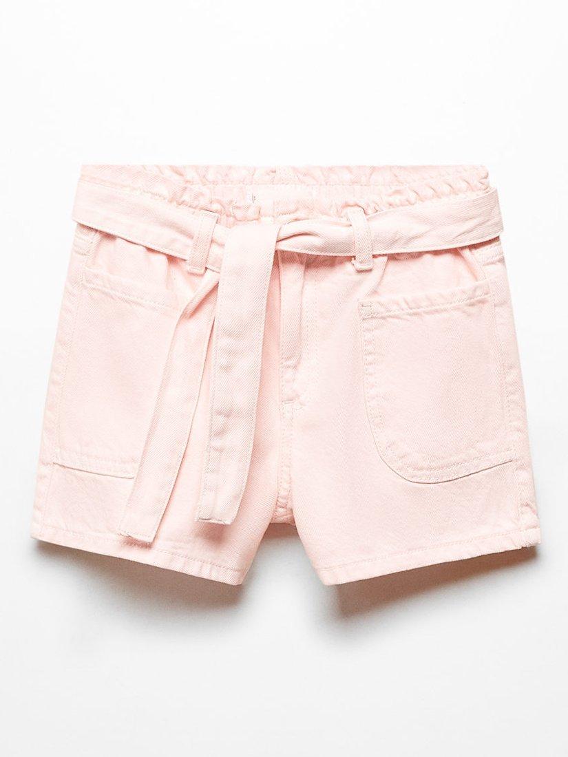 Mango Kids' Ruth Tie Waist Denim Shorts, Light Pastel Pink
