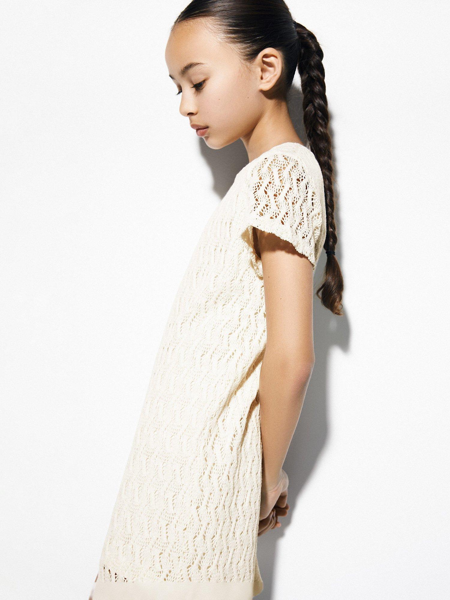 Mango Kids' Nina Openwork Knit Jumper Dress, Light Beige