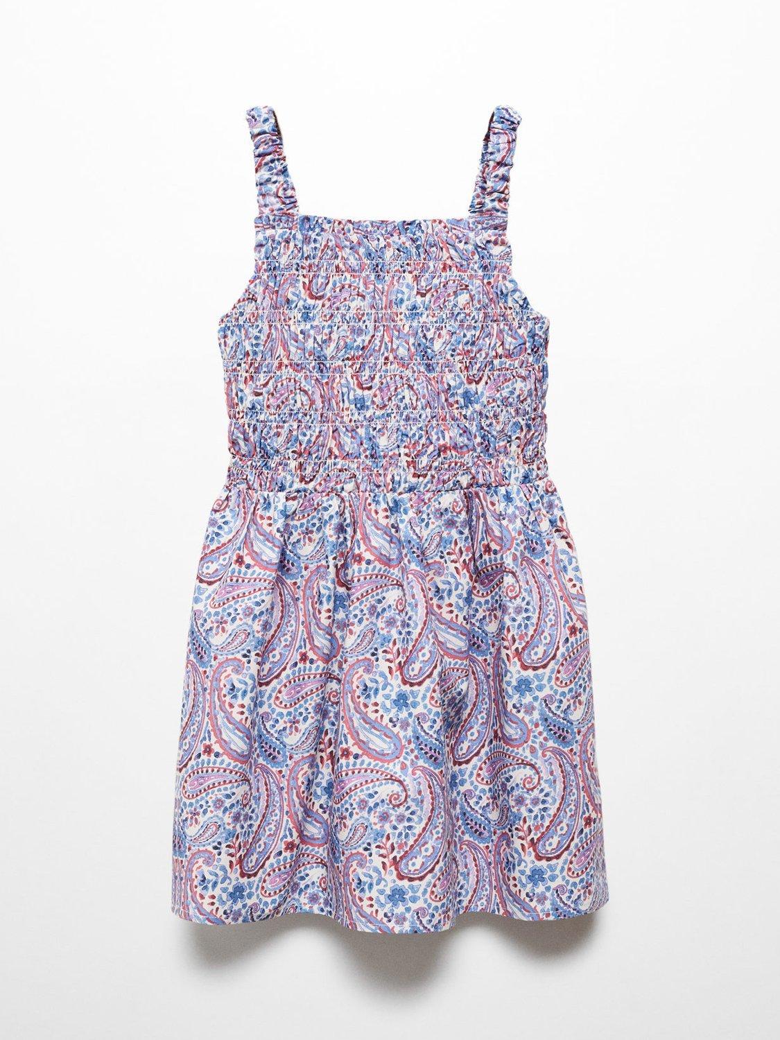 Mango Kids' Emily Paisley Print Ruched Dress, Medium Blue/Multi